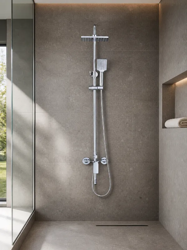 Colonne de douche chromée avec douche de tête et douchette à main